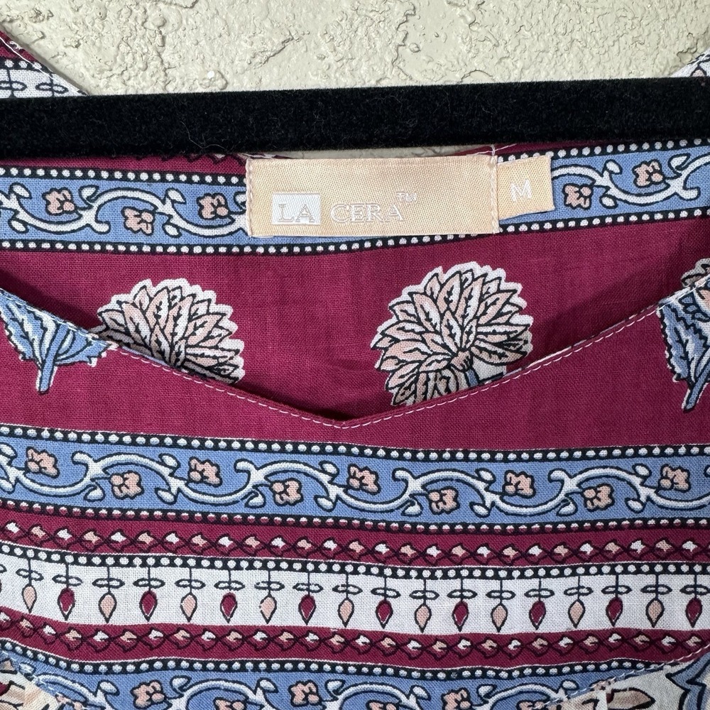 La Cera Bohemian Dress Womens M Floral Midi Pockets Boho Beach Vacation Summer - Picture 2 of 11